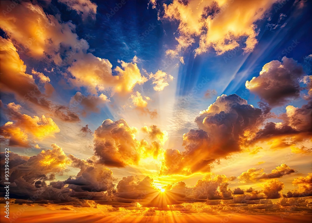 Wall mural vibrant sunset with fluffy clouds and warm golden light illuminates the sky, symbolizing hope and se