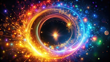 Vibrant, swirling circle of colourful sparks and glittering lights dance against a dark background, evoking a sense of magic, wonder, and dynamic energy.