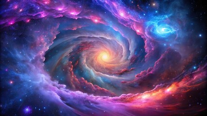 Vibrant swirling clouds of purple, pink, and blue gas illuminate a starry galaxy page, with radiant/nebula-like hues filling the cosmic landscape.
