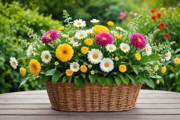 flowers bouquet in wicker basket on table in garden, abstract natural green background