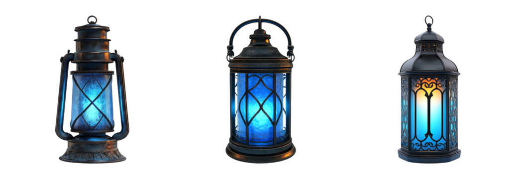Set of vintage lanterns with blue glass isolated on transparent background
