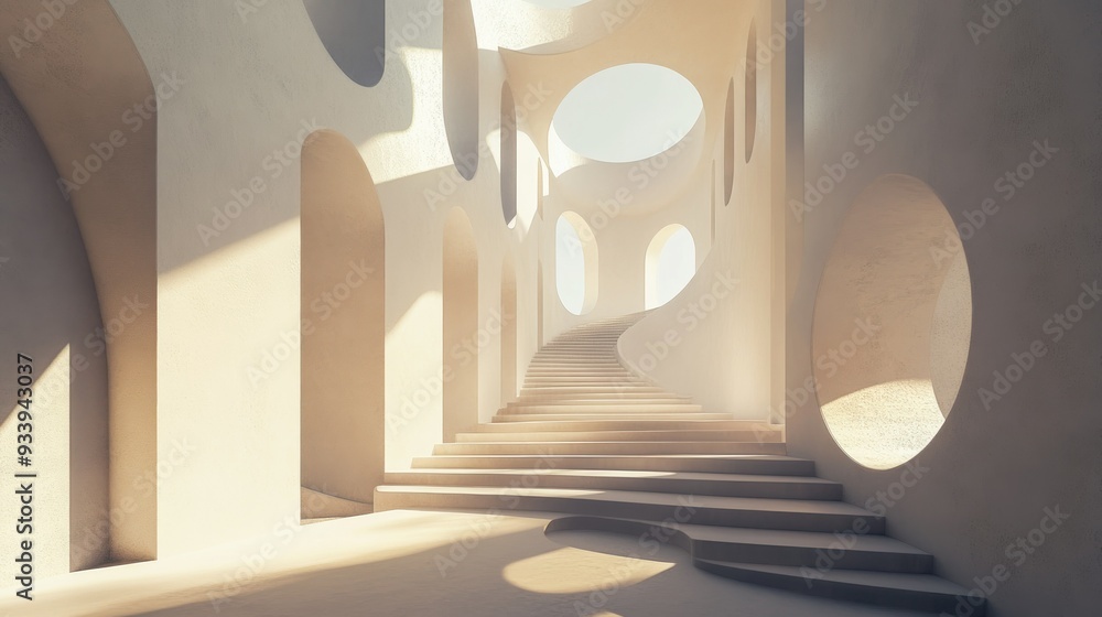 Poster modern architectural staircase with circular openings and sunlight