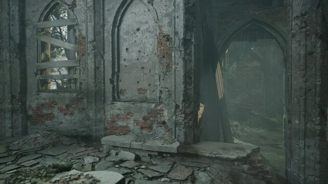A church ruin filled with debris, showcasing the aftermath of destruction in the ancient monastery.