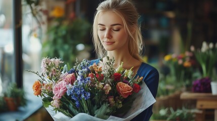 A woman holding a vibrant bouquet of flowers in a cozy flower shop during daylight