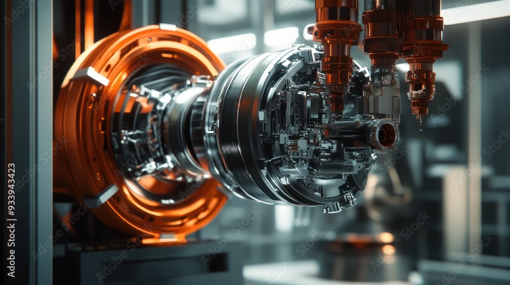 Poster close-up of a complex industrial machine with orange and silver components