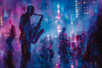 Fototapeta premium Vibrant Jazz Night: A Colorful Fusion of Music and City Lights