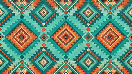 Vibrant turquoise and coral hues unfold in a stunning Southwest-inspired background with abstract geometric patterns, capturing the essence of desert landscapes and Native American flair.