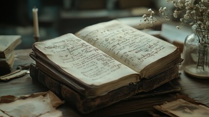 An Open Antique Book with Handwritten Text and Dried Flowers in a Vase