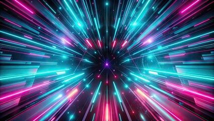 Vibrant turquoise and pink neon lights blur and streak across a dark gradient background, forming a mesmerizing, futuristic, and kaleidoscopic abstract pattern.