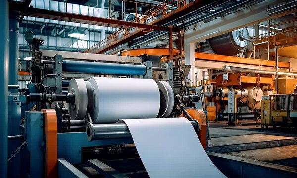 paper being produced in a mill with machines converting pulp into rolls.