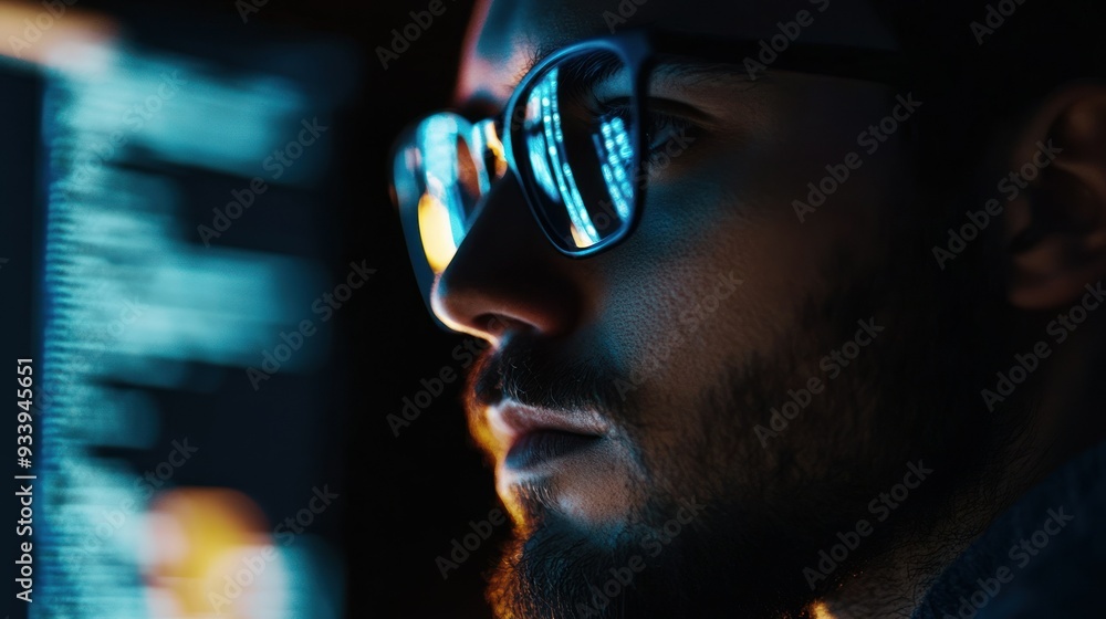 Poster Man with Glasses Looking at a Computer Screen