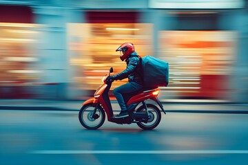 Deliveryman Runs Fast like a Rocket with Bike to Deliver. copy space background with delivery box. business concept.