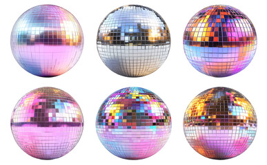 Disco mirror balls reflecting light isolated on transparent background