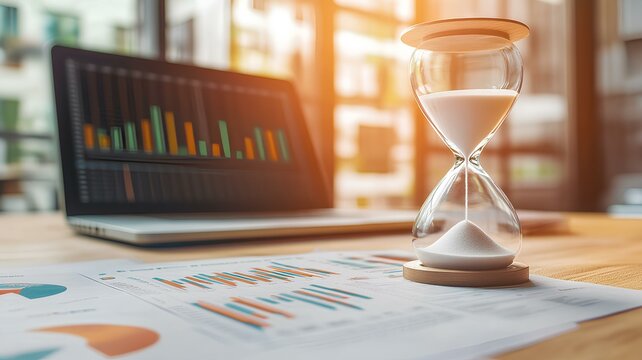 hourglass on office table with laptop. Business and time management concept - Powered by Adobe