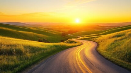 Fototapeta premium Serene Dawn Landscape: Rolling Hills and Curved Road