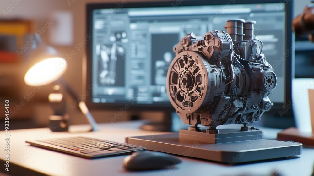 Poster Detailed Model of a Mechanical Engine on a Desk with a Computer