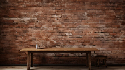 Rustic brick wall with an empty wooden table, creating a vintage atmosphere for product placement