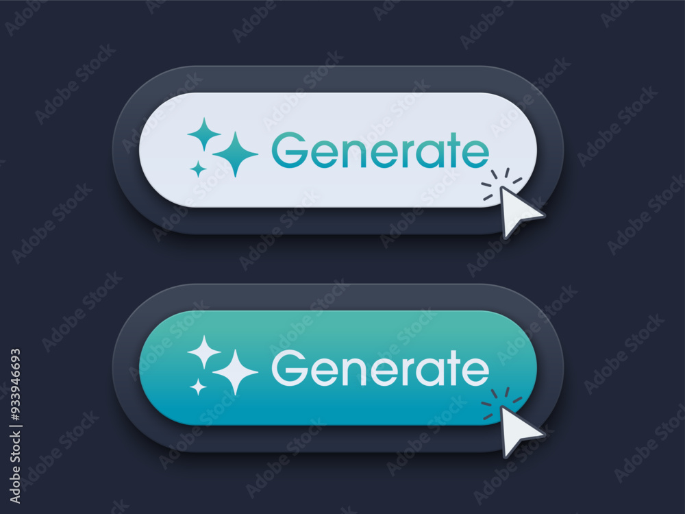 Poster Modern AI generative button. AI is entered by a command prompt to generate ideas. Generatepress button in trendy neumorphic style for Apps, websites, interfaces. UI UX elements. Vector illustration.