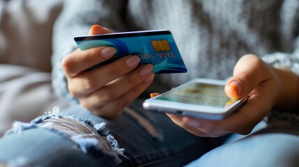 Person holding a credit card and smartphone for online shopping, e-commerce business. Customer purchase on the internet store. Technology devices, digital marketing, grocery buying, paying with money