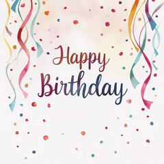 Flowing watercolor confetti and streamers in a variety of colors, a HAPPY BIRTHDAY text