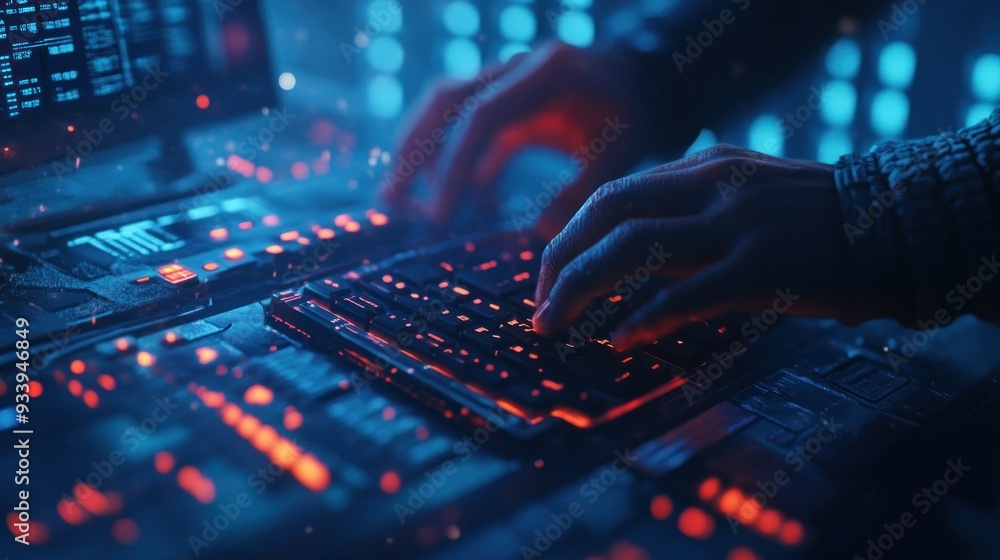 Poster close-up of hands typing on a red and blue backlit keyboard