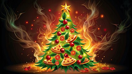 Vibrant vector illustration of a festive Christmas tree surrounded by slices of steaming hot pizza, holly, and mistletoe, perfect for holiday advertisements and invitations.