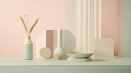 Minimalist Still Life with Pale Hues and Geometric Shapes