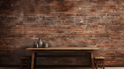 Rustic brick wall with an empty wooden table, creating a vintage atmosphere for product placement