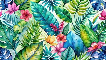 Vibrant watercolor design featuring exotic tropical leaves, florals, and foliage in shades of green, blue, and pink, perfect for summer-inspired backgrounds and designs.