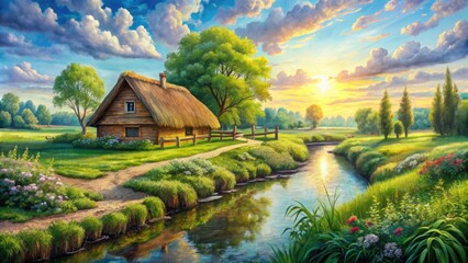 Obraz premium Vibrant watercolor illustration of a rustic rural scene featuring a thatched hut surrounded by lush greenery and a meandering stream under a sunny sky.