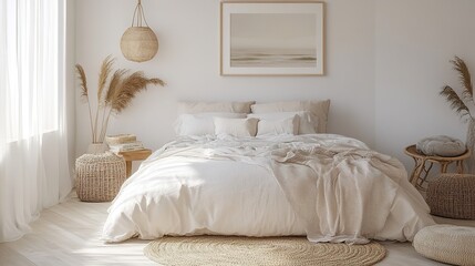 Home mockup, simple cozy Coastal bedroom interior background, 3d render
