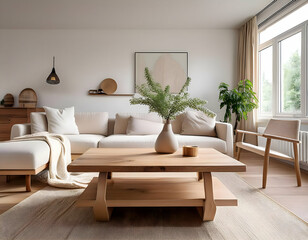 a cozy, Scandinavian-style living room scene featuring a modern center table with a light wood finish and a minimalist design. The table should blend seamlessly with the room's soft, pastel tones and 
