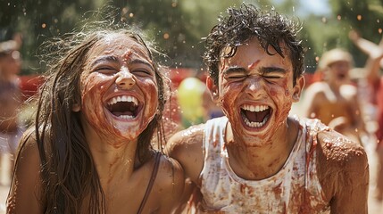 Joyful moments captured during a fun, messy celebration with laughter and excitement shared between two friends.