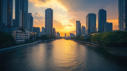 Contemporary Metropolis with Flowing River at Twilight