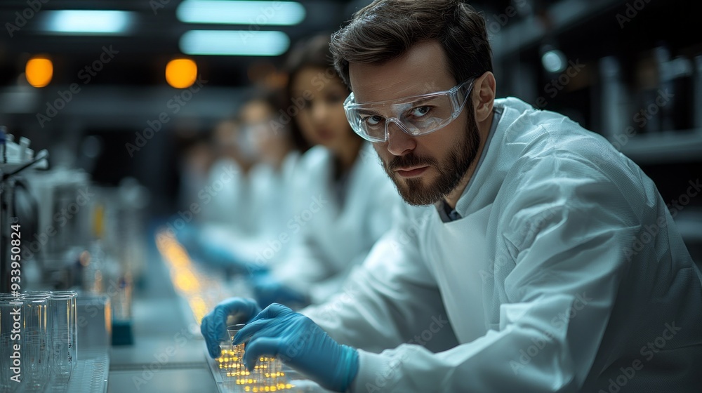 Poster a scientist in a lab coat examines delicate samples with precision under dimmed fluorescent lights, 
