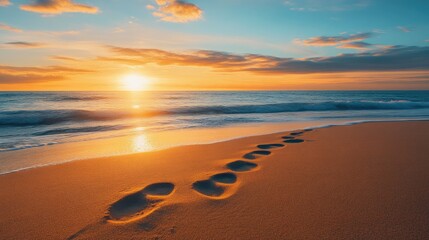 Serene Coastal View at Sunset with Sandy Footprints