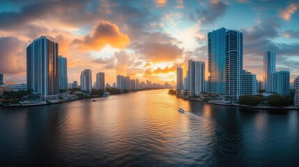 Obraz premium Vibrant Cityscape with Sunset and Flowing River