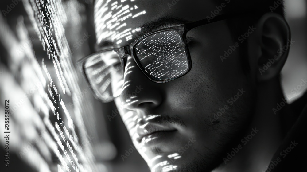 Poster close-up of a man's face with code reflected in his glasses