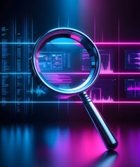 Data analysis, search engine optimization or SEO. magnifier, charts, graphs. ultraviolet and neon screen. digital software development. Social media marketing. Ads. Research. E-commerce. Concept