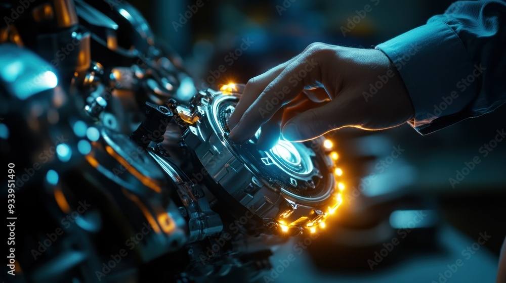 Poster a hand interacting with a futuristic machine with glowing lights