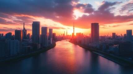 Fototapeta premium Sunset Over Modern City with River and Tall Structures