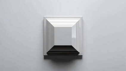 Fototapeta premium Minimalist 3D square shape with a reflective black base. This abstract geometric object features clean lines and a modern aesthetic. Ideal for technology, design, or architectural concepts.