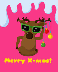 Merry X-mas, positive card with a stylish deer in sunglasses and Christmas balls on an extra pink background
