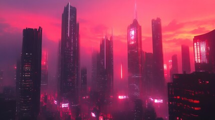 Fototapeta premium Dynamic Urban Future with Vibrant Neon Lights and Skyscrapers