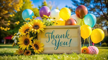 Vibrant yellow flowers and colorful balloons surround a decorative sign with bold, cursive letters expressing heartfelt gratitude on a bright, sunny day.
