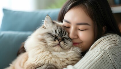 Happy young Asian woman with cute Persian cat on couch in living luxury room sofa at home, Adorable pet concept.