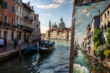 Fototapeta premium painted picture of the landscape of a city, against the background of this city, river, canal and boats passing along it, gandolas
