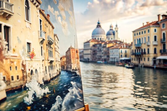 painted picture of the landscape of a city, against the background of this city, river, canal and boats passing along it, gandolas