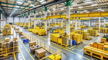 Vibrant yellow machinery and components line the factory floor, surrounded by rows of shelving and pallets, in a busy and organized manufacturing facility.