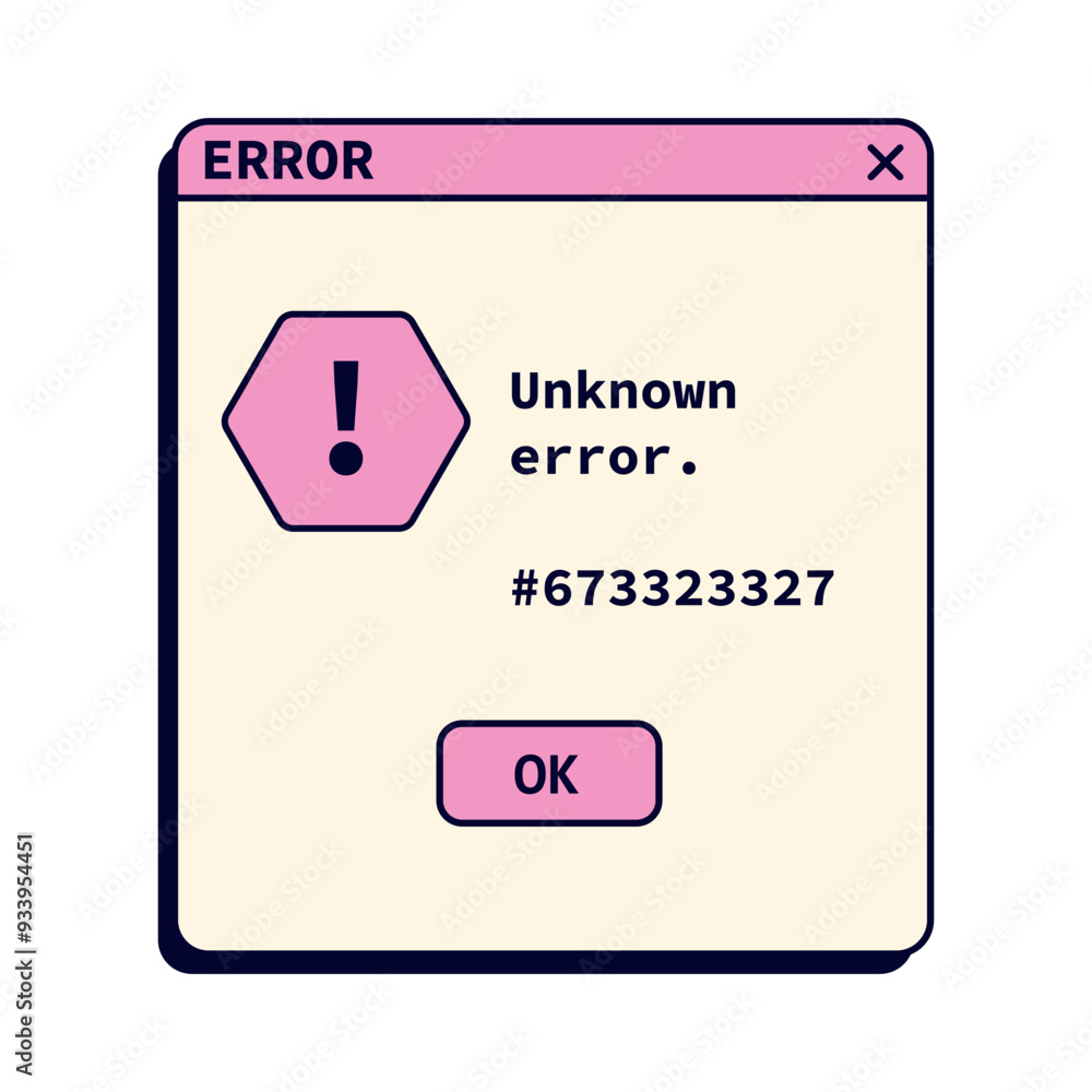 Poster retro unknown pink error message on screen. system crash in old style. window crash notification.